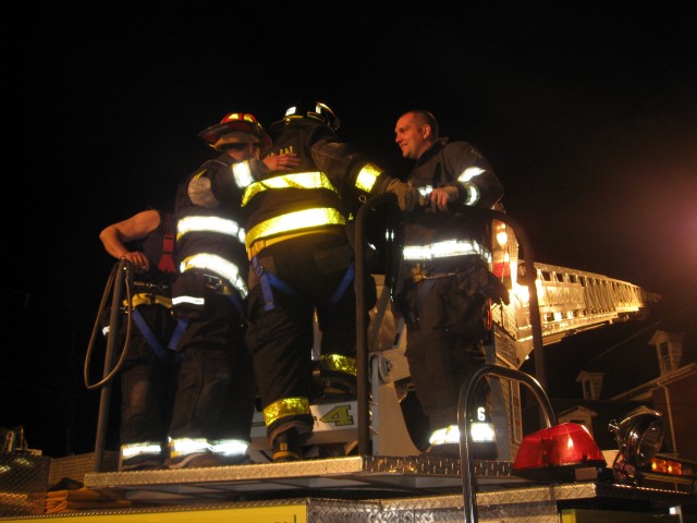 Ladder Truck Training 04/08 - Lieutenant Brady helps FF Snihur on the ladder